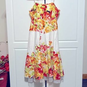 Dressbarn Orange Yellow Pink Floral Spaghetti Strap Swing Dress White Tu…